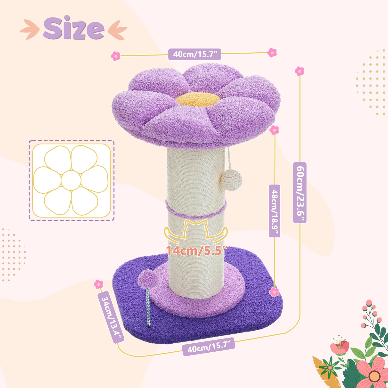 Pink Flower Cat Tree - Compact Sisal Scratching Post for Indoor Cats