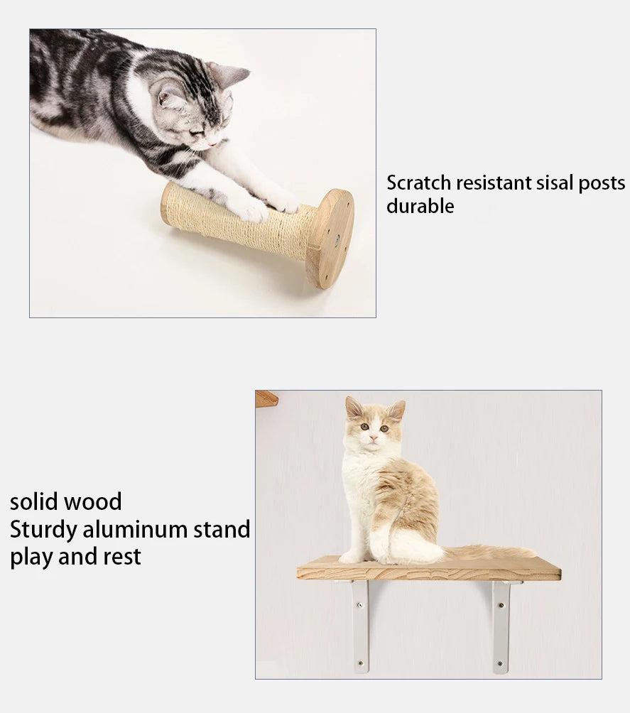 Wall Mounted Cat Shelves - Scratching Post & Climbing Platform Set