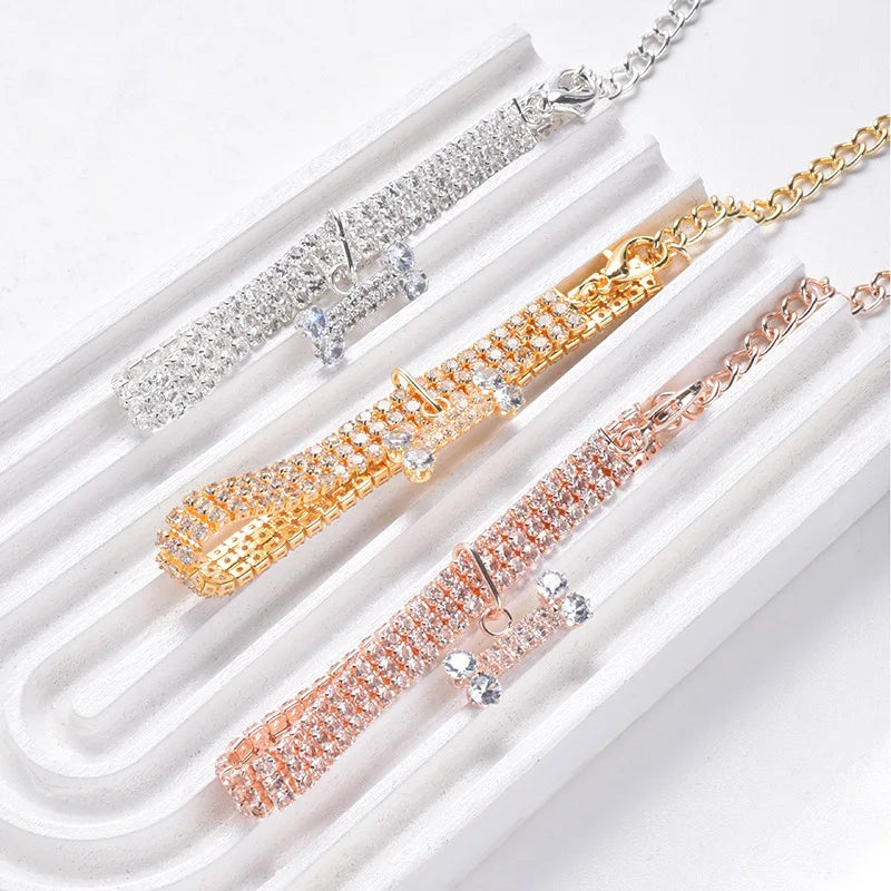 Crystal Rhinestone Dog Collar - Luxury Bone Pendant Pet Necklace