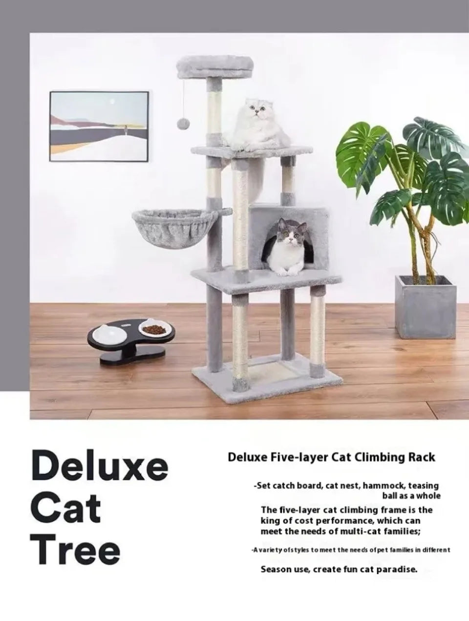 Multi-Level Cat Tree Tower - Sisal Posts, Hammock, Perches & Condos for Indoor Cats