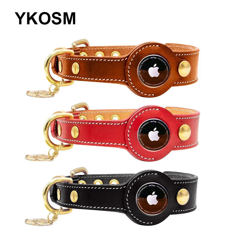 Premium Leather Dog Collar with AirTag Holder - Anti-Lost Pet Tracking