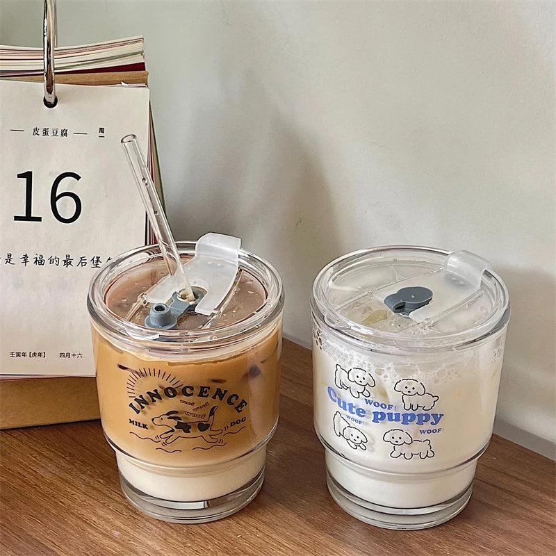 Cute Dog Glass Water Bottle 350ml - Kawaii Milk Carton Style with Straw
