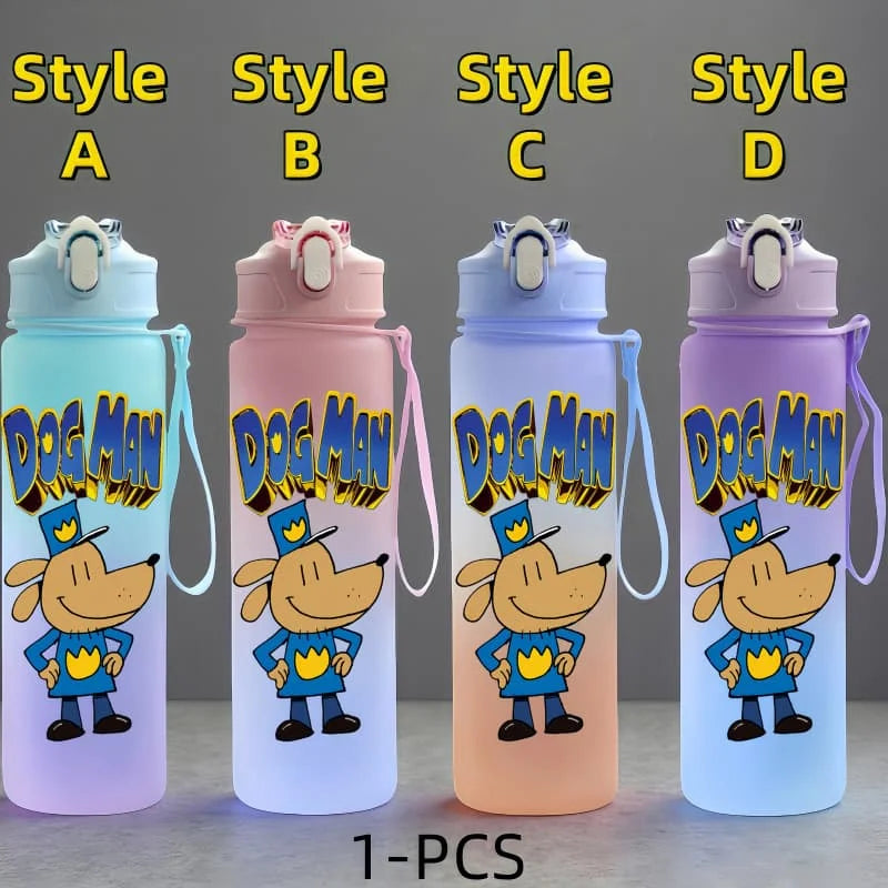 Dog Man Cartoon Water Bottle - 750ml Kids Bottle with Carrying Rope
