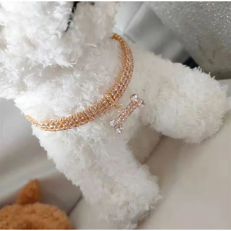 Crystal Rhinestone Dog Collar - Luxury Bone Pendant Pet Necklace