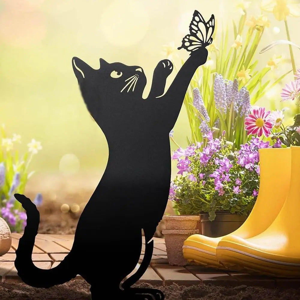 Weatherproof Black Cat Garden Figurine - Durable Iron Art Outdoor Sculpture