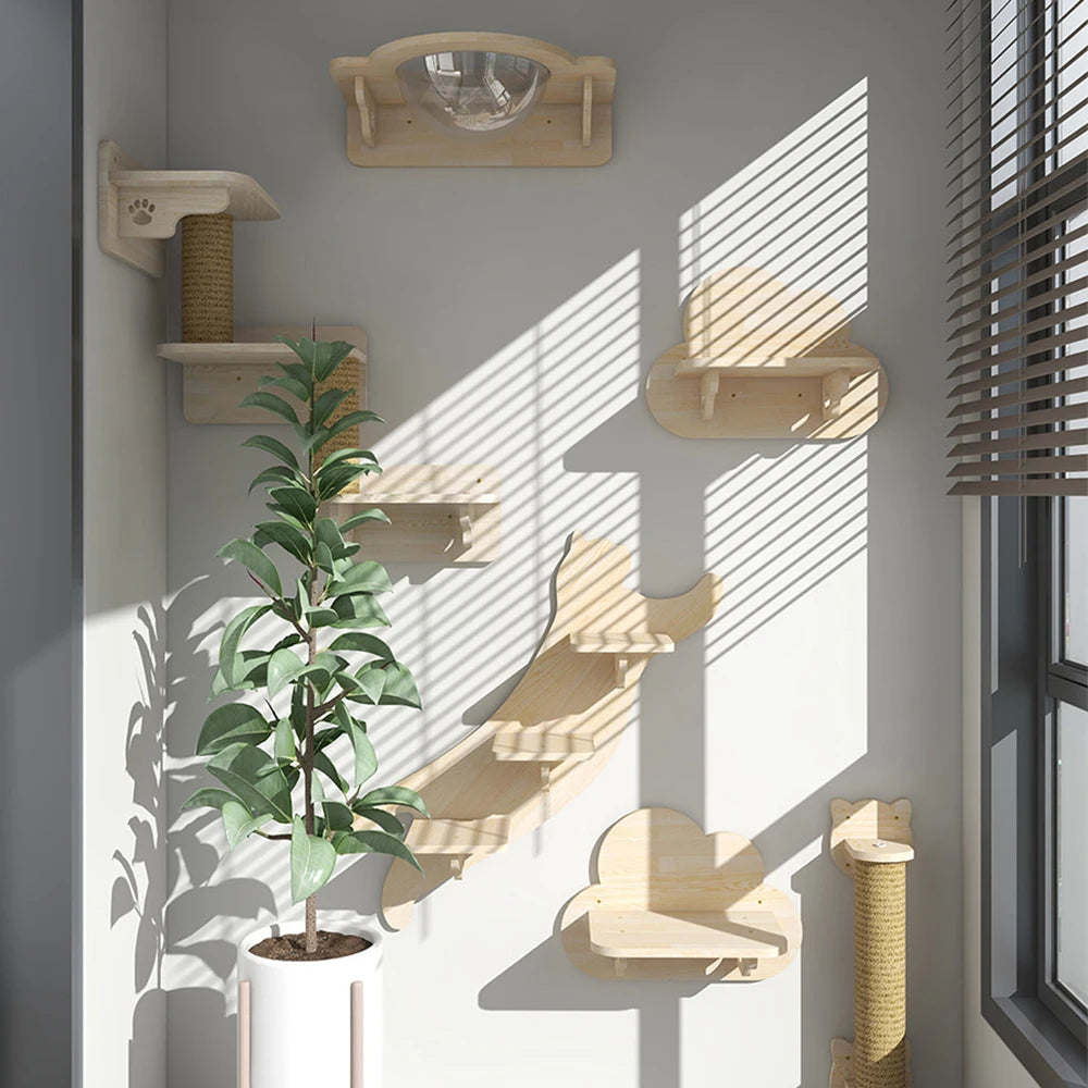 Wall Mounted Cat Shelves - Scratching Post & Climbing Platform Set