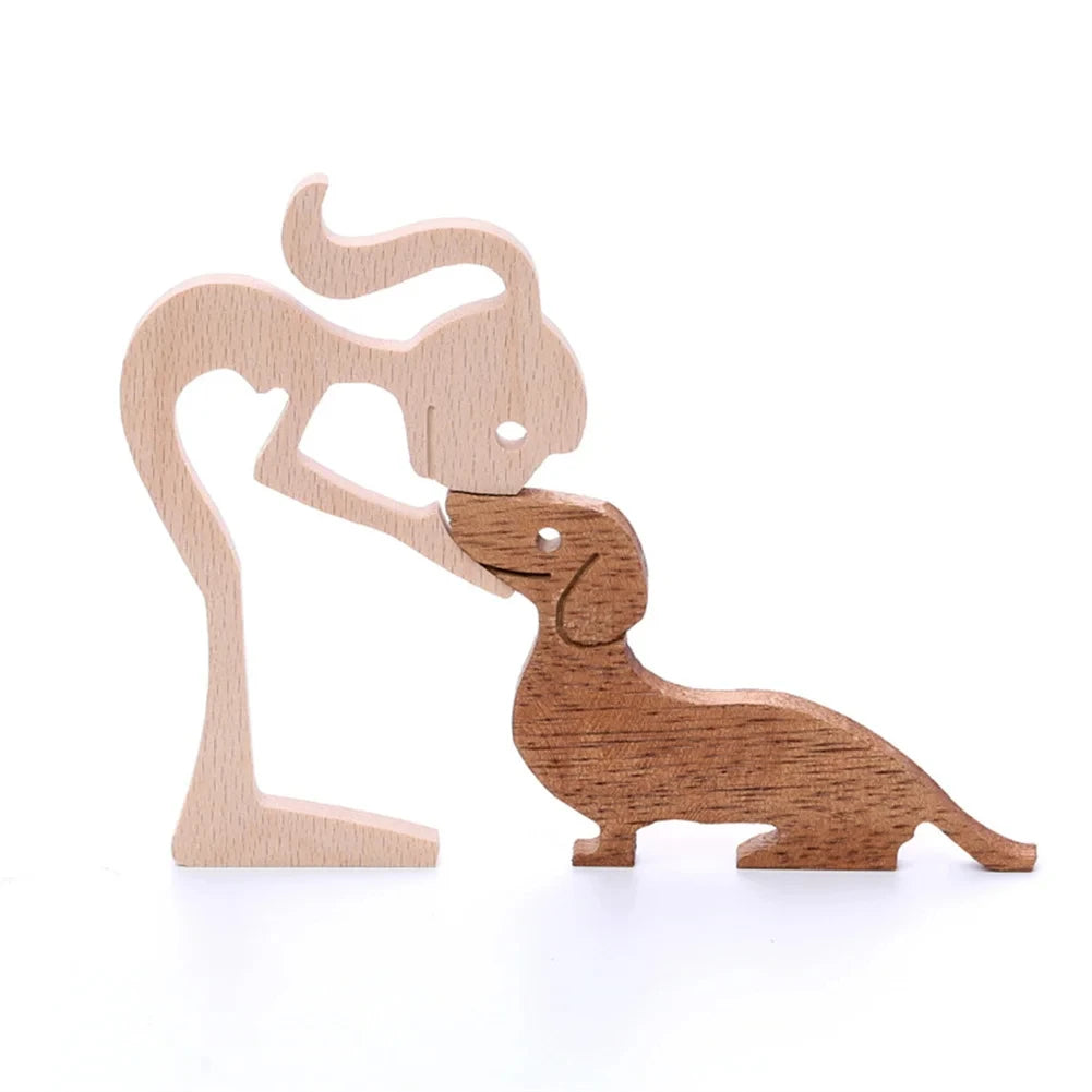 Wooden Family Statue - Girl with Dog Sculpture
