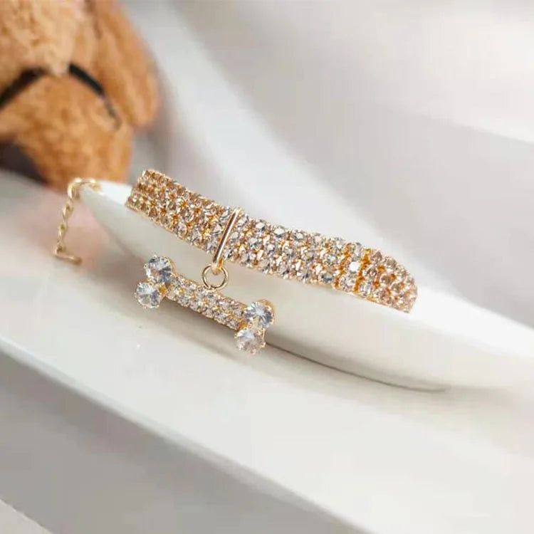 Crystal Rhinestone Dog Collar - Luxury Bone Pendant Pet Necklace