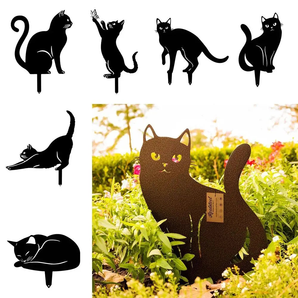 Black Cat Silhouette Garden Statue - Weatherproof Iron Art Yard Decoration