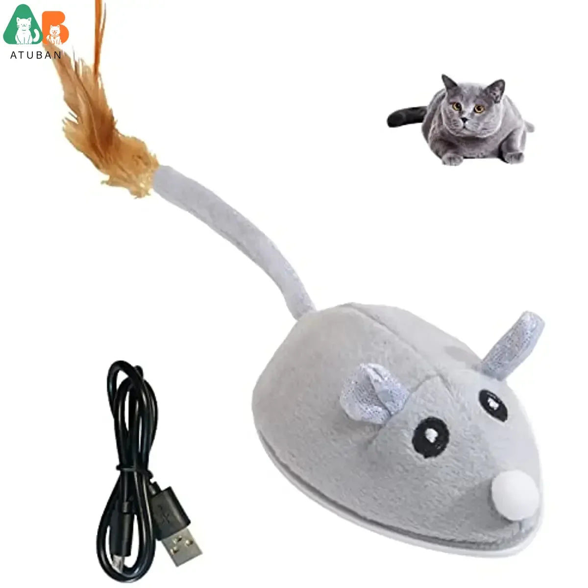 ATUBAN Smart Sensing Cat Toy - Automatic Feather Wand & Mouse