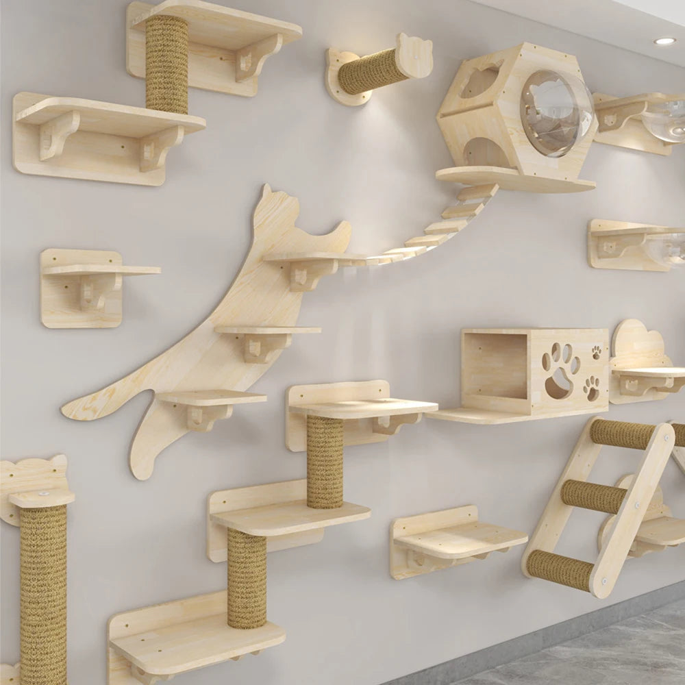 Wall Mounted Cat Shelves - Scratching Post & Climbing Platform Set
