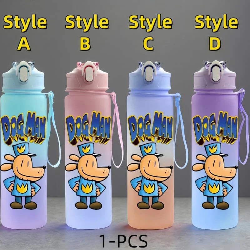 Dog Man Cartoon Water Bottle - 750ml Kids Bottle with Carrying Rope