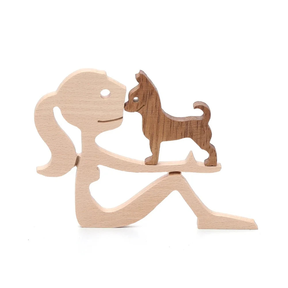 Wooden Family Statue - Girl with Dog Sculpture