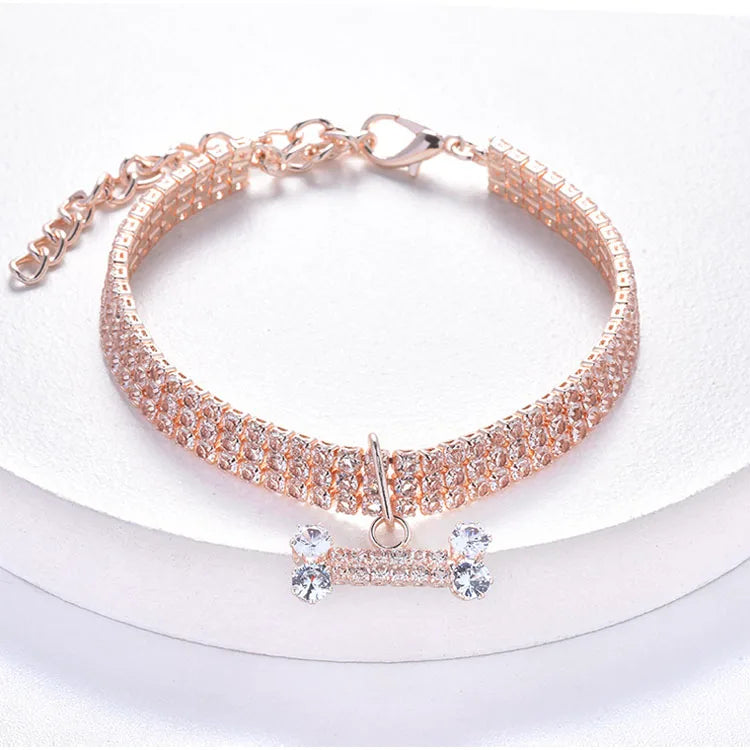 Crystal Rhinestone Dog Collar - Luxury Bone Pendant Pet Necklace