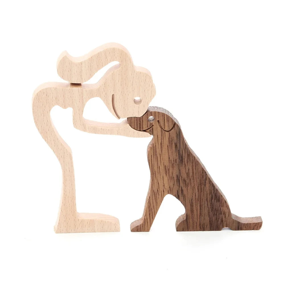 Wooden Family Statue - Girl with Dog Sculpture