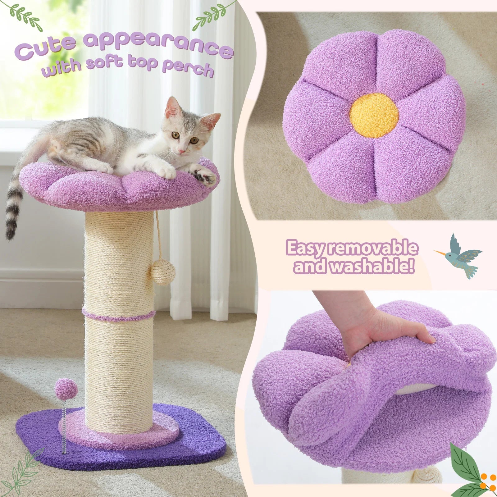 Pink Flower Cat Tree - Compact Sisal Scratching Post for Indoor Cats