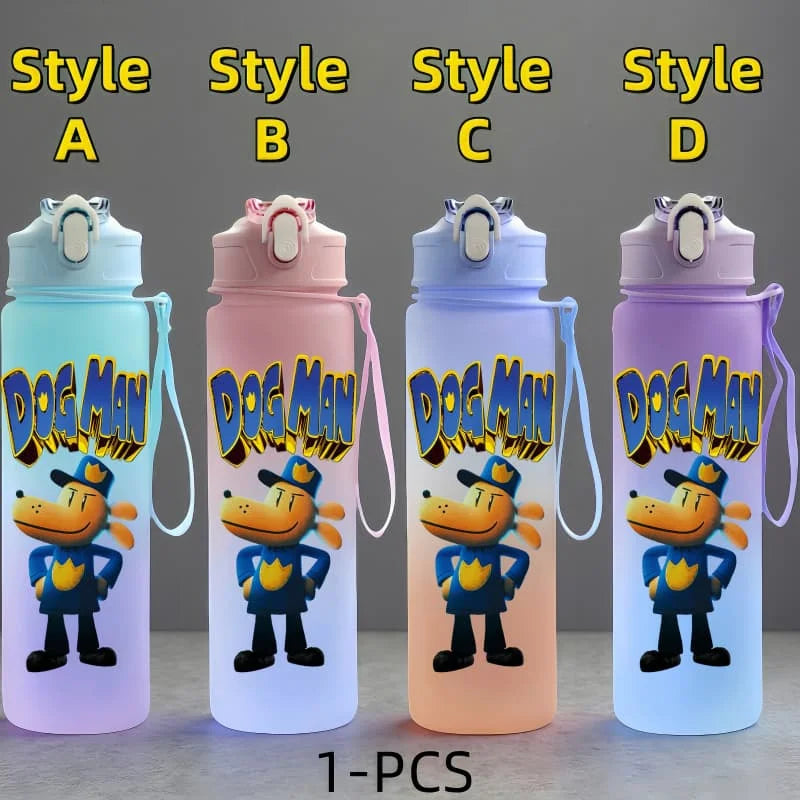 Dog Man Cartoon Water Bottle - 750ml Kids Bottle with Carrying Rope