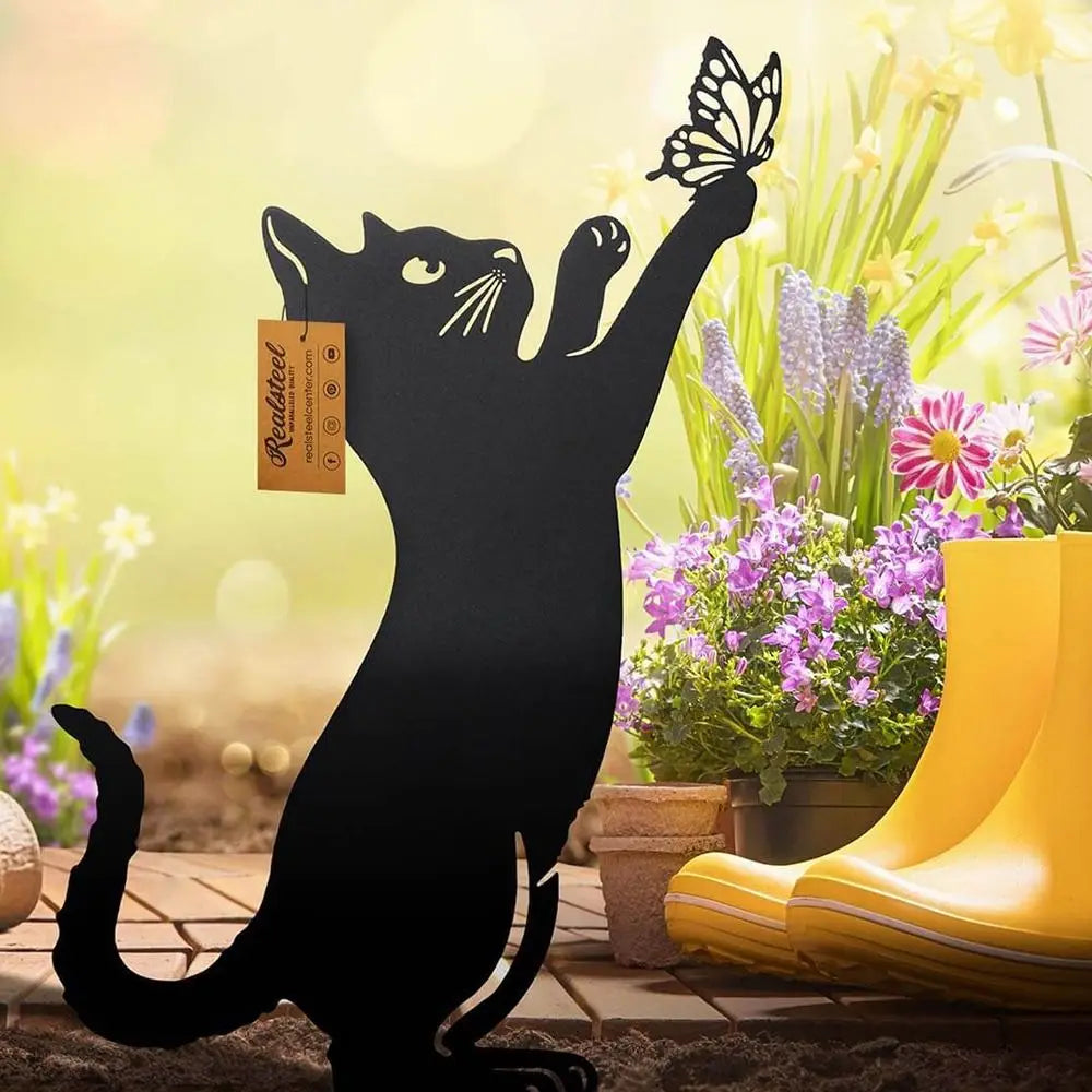 Weatherproof Black Cat Garden Figurine - Durable Iron Art Outdoor Sculpture