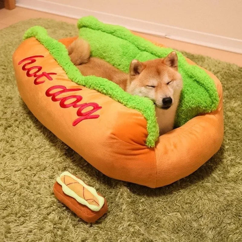 Hot Dog Bun Pet Bed - Warm Removable Lounger for Large Dogs, Cats & Puppies